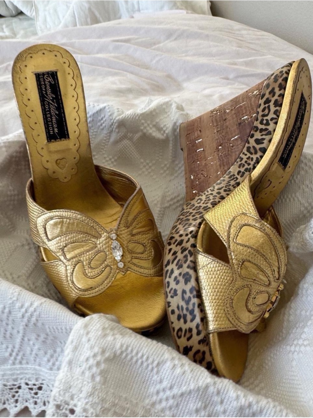 Beverly Feldman Gold Leather Wedge Sandals with Butterfly Accent